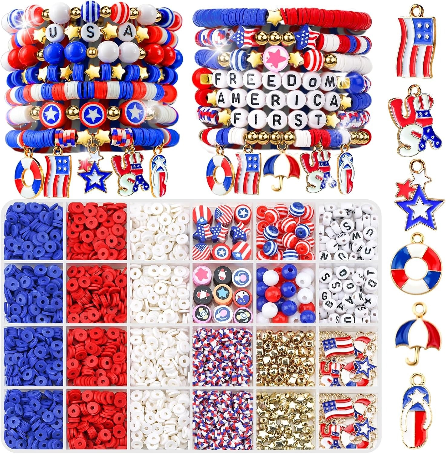 Gionlion 4th of July Decorations Bracelet Making Kit with Patriotic USA Letter Beads, Red White and Blue Clay Beads for Independence Memorial Day Party Favors, DIY Gifts with America Flag Stars