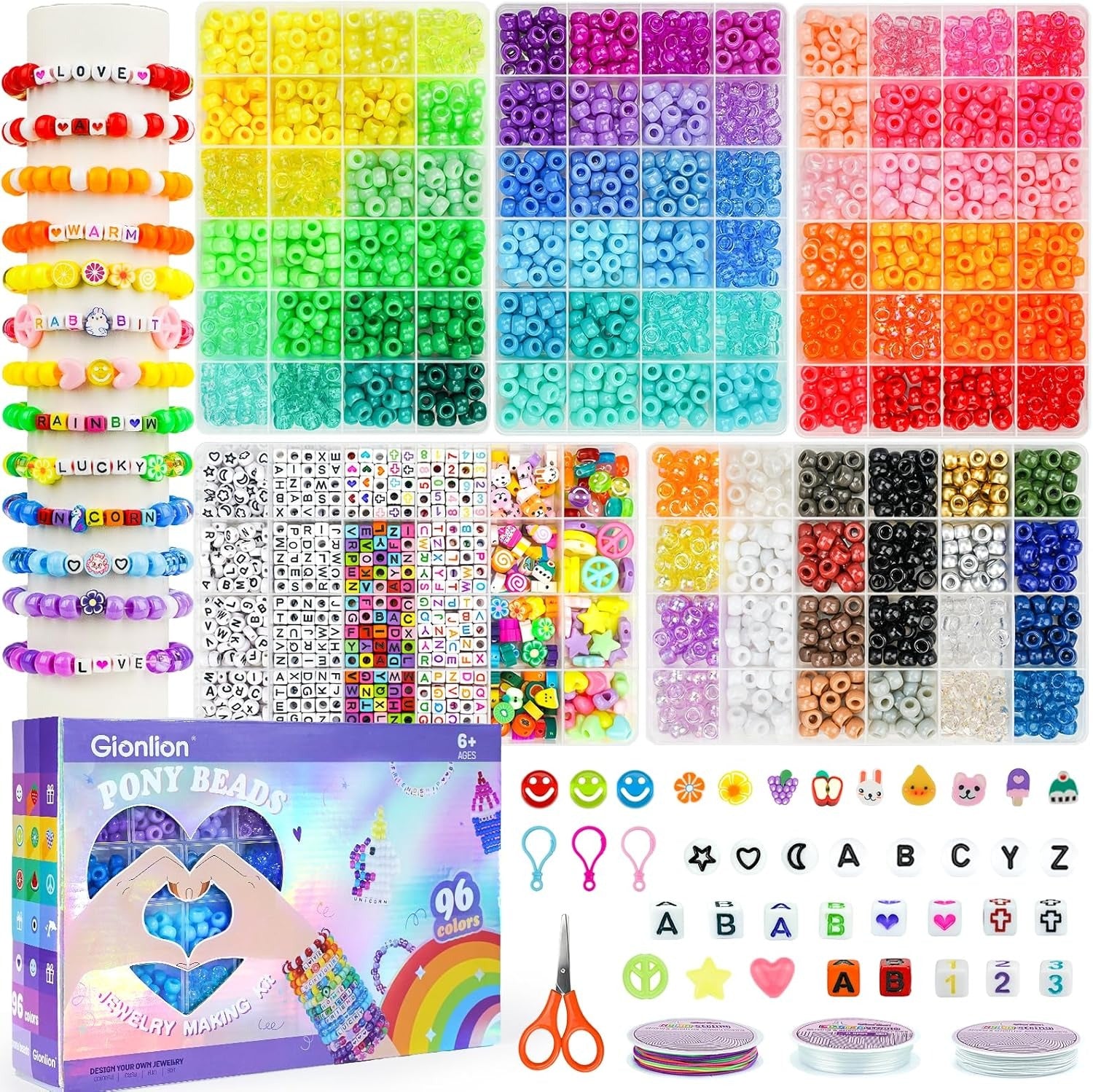 Gionlion 96 Colors 5 Boxes Bracelet Making Kit Pony Beads, Friendship Bracelet Kit with 850 Pcs Letter Beads, Rainbow Kandi Beads for Bracelets Jewelry Making Kit, Arts and Crafts Gifts for Kids