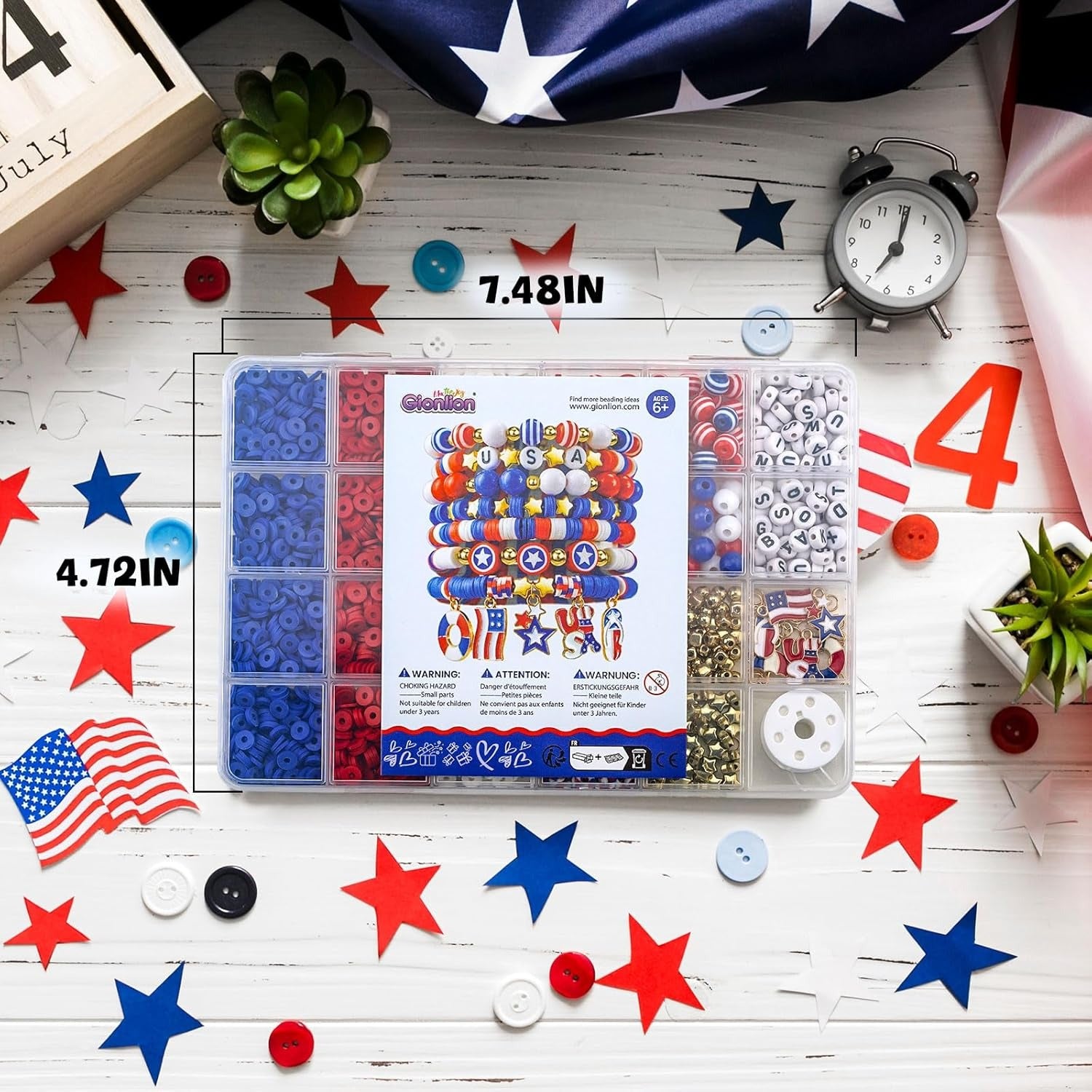 Gionlion 4th of July Decorations Bracelet Making Kit with Patriotic USA Letter Beads, Red White and Blue Clay Beads for Independence Memorial Day Party Favors, DIY Gifts with America Flag Stars