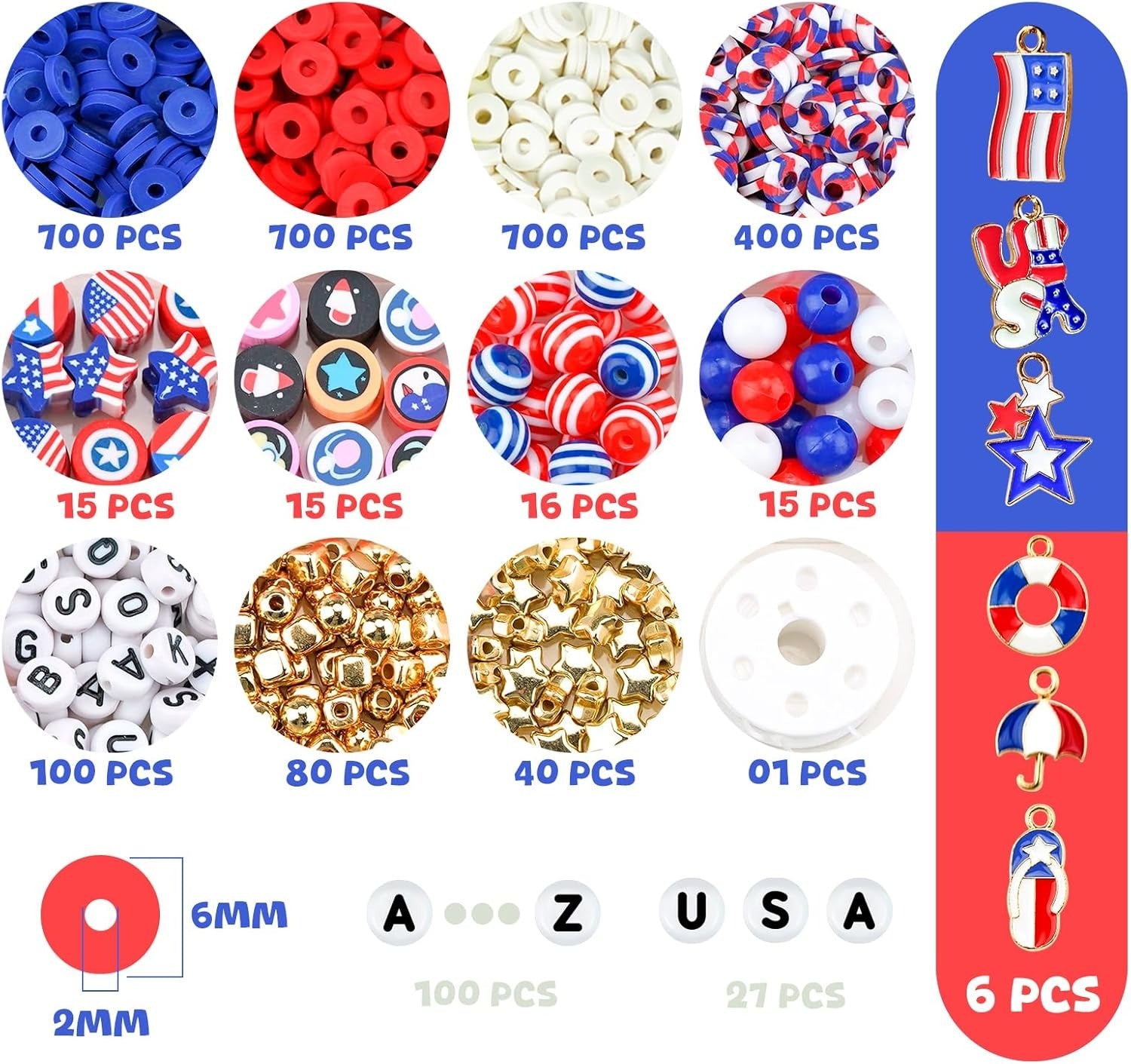Gionlion 4th of July Decorations Bracelet Making Kit with Patriotic USA Letter Beads, Red White and Blue Clay Beads for Independence Memorial Day Party Favors, DIY Gifts with America Flag Stars