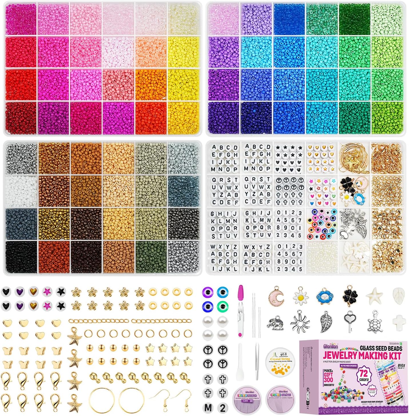 Gionlion 22000PCS 3mm Glass Beads for Bracelet Making Kit, 72 Colors 8/0 Seed Beads Friendship Bracelet Kit with Pendant Charms and Letter Beads for Bracelets Necklace Earring Ring Making