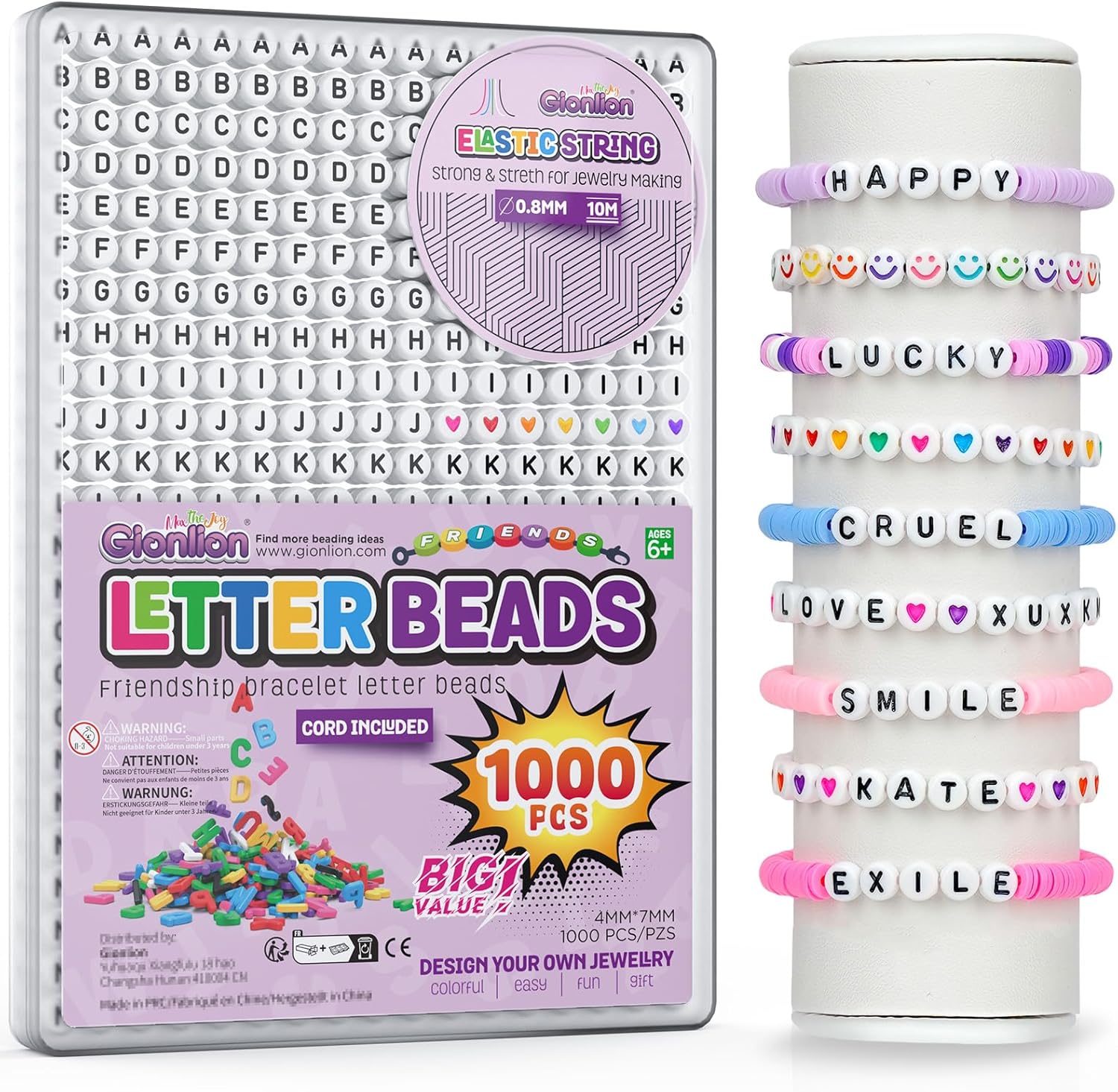 Gionlion 1000Pcs Letter Beads for Bracelet, Round Alphabet Beads Friendship Bracelet Making Kit with Elastic String in Box, Colorful Smile Heart Beads Preppy Beads for Jewelry Making, DIY Partner