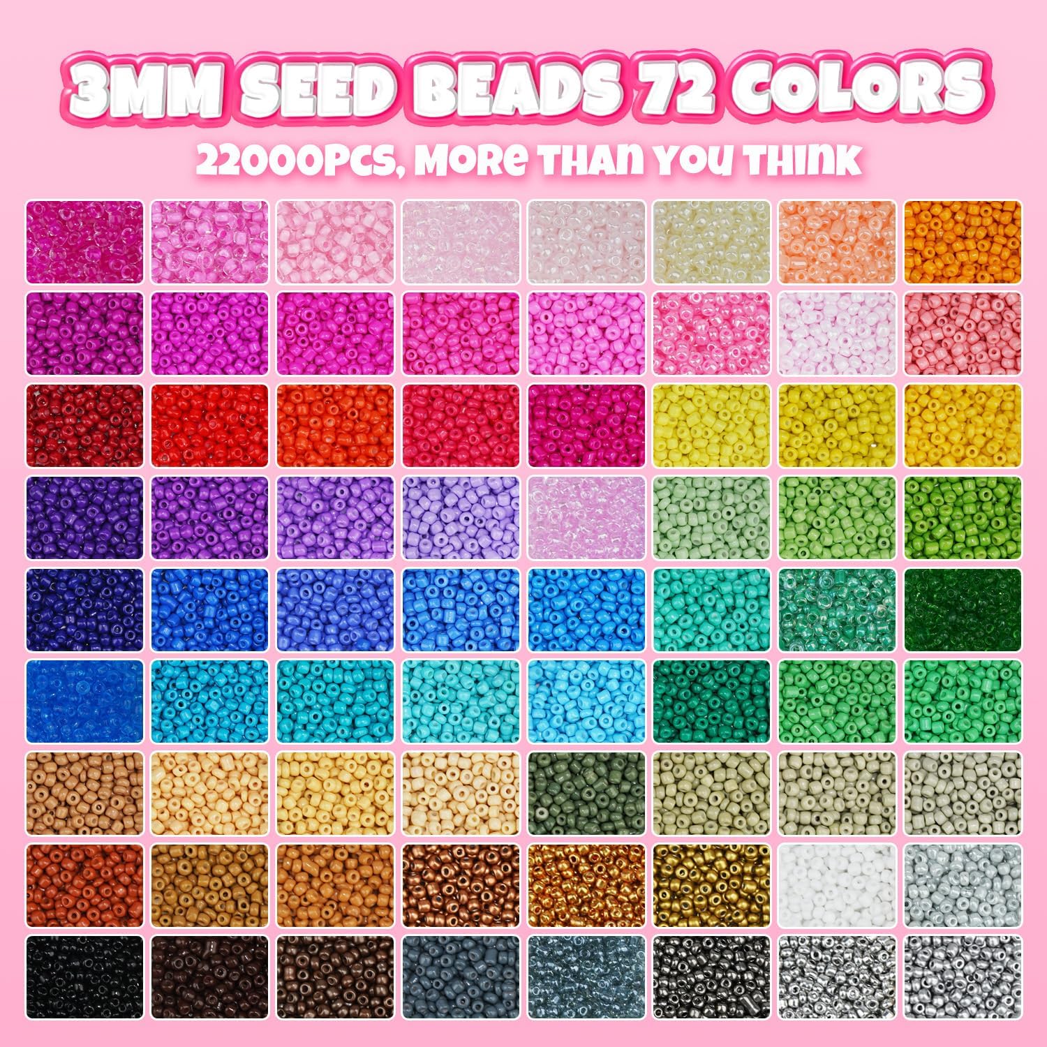 Gionlion 22000PCS 3mm Glass Beads for Bracelet Making Kit, 72 Colors 8/0 Seed Beads Friendship Bracelet Kit with Pendant Charms and Letter Beads for Bracelets Necklace Earring Ring Making