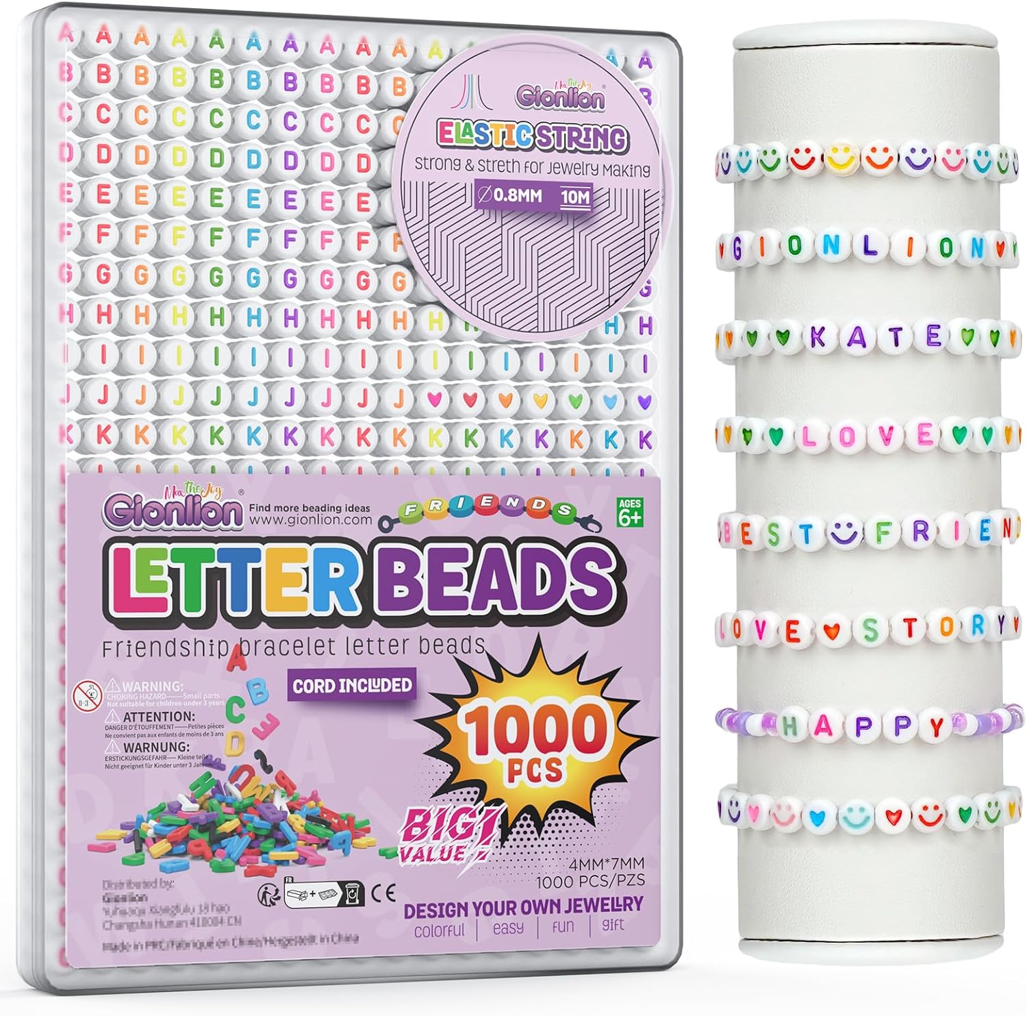 Gionlion 1000Pcs Letter Beads for Bracelet, Round Alphabet Beads Friendship Bracelet Making Kit with Elastic String in Box, Colorful Smile Heart Beads Preppy Beads for Jewelry Making, DIY Partner