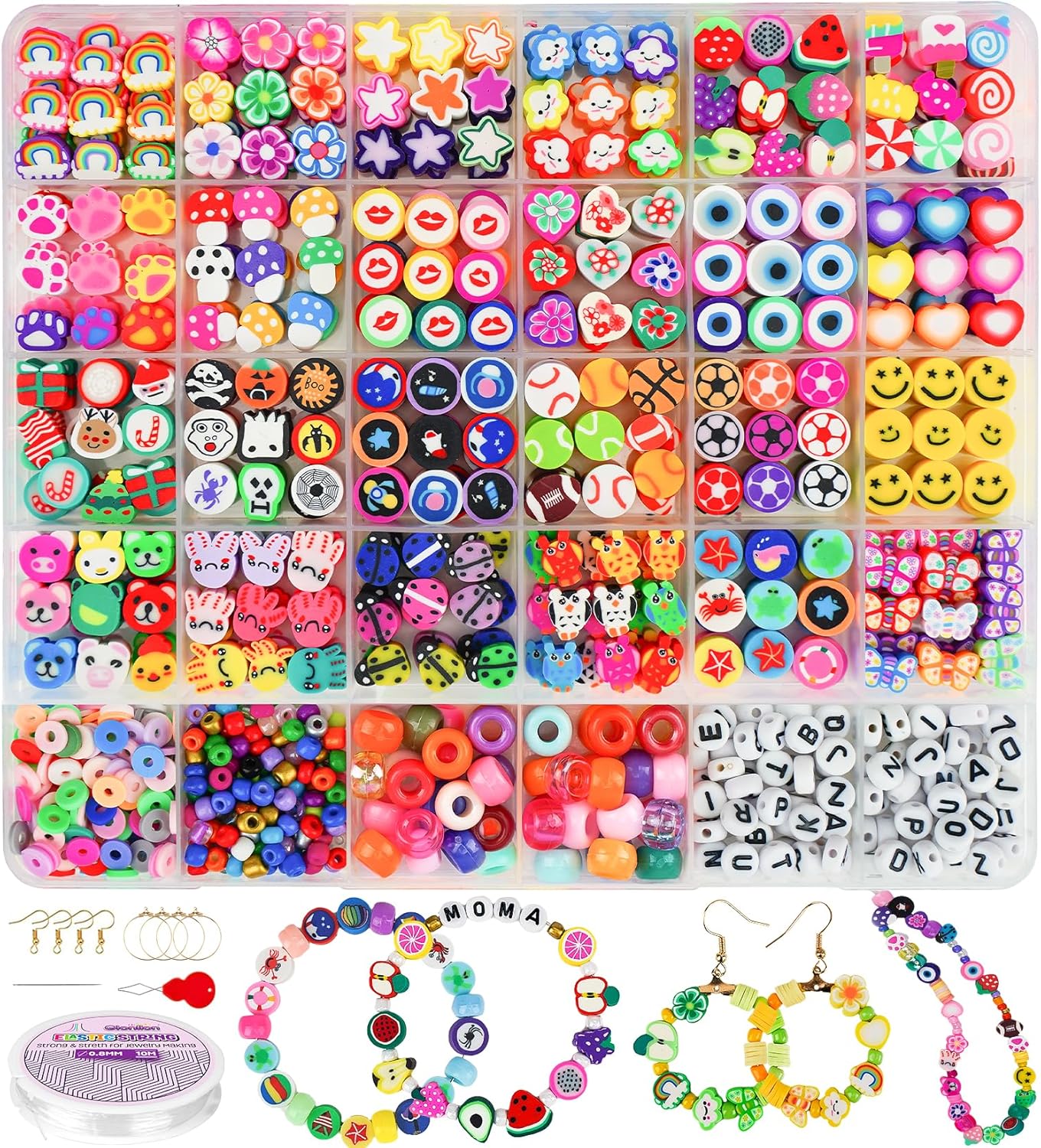 Gionlion 1000PCS Polymer Clay Beads Bracelet Making kit, 30 Style Cute Fun Fruit Flower Rainbow Butterfly Animal Heart Ball Beads Charms for Jewelry Necklace Making DIY Accessories for Girls Women