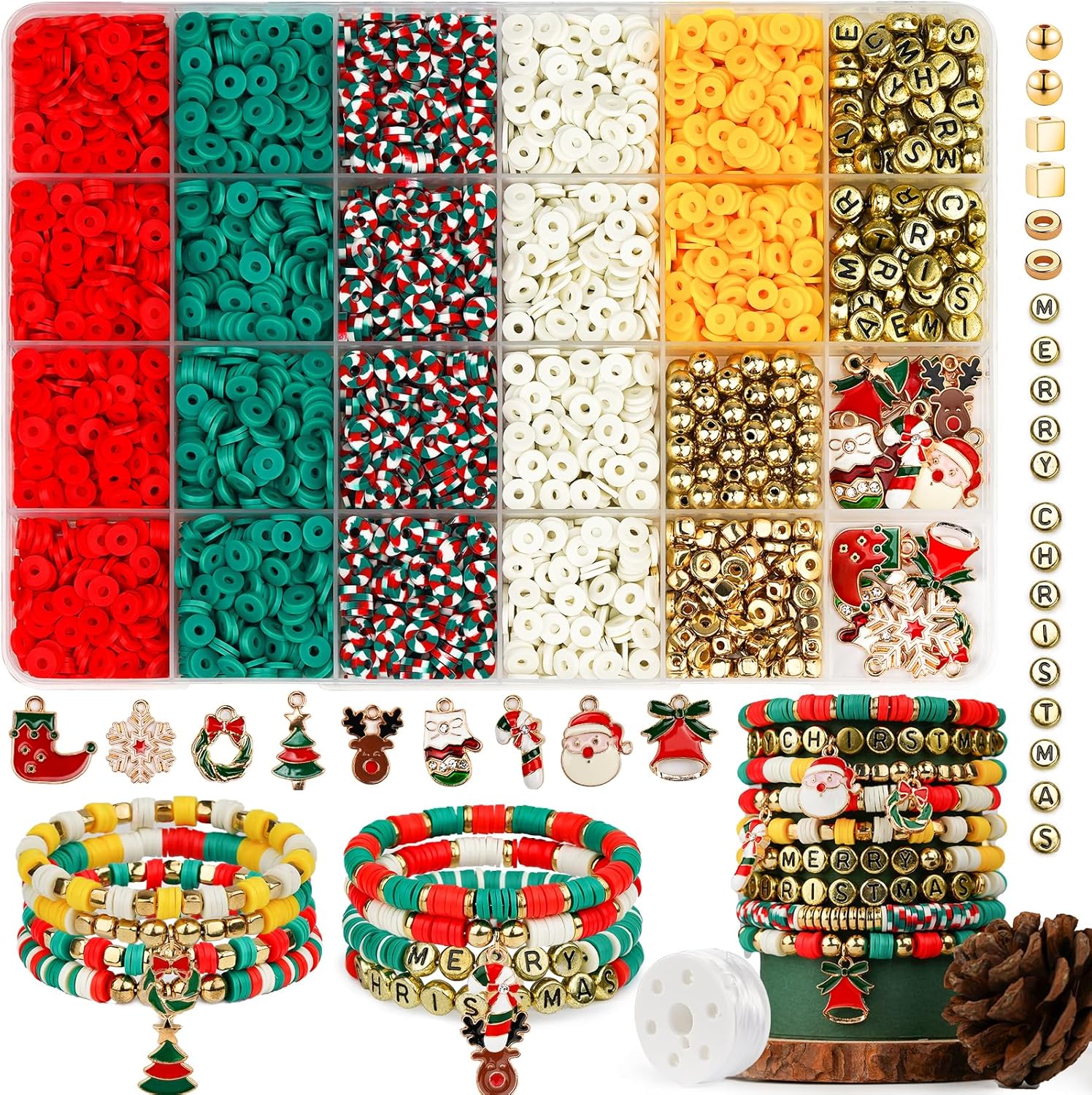 Gionlion Christmas Beads for Bracelets, Clay Beads Bracelat Making kit Golden Beads Christmas Crafts Decorations Charms for Jewelry Making, Christmas Gifts for Teen Girls Age 6-12