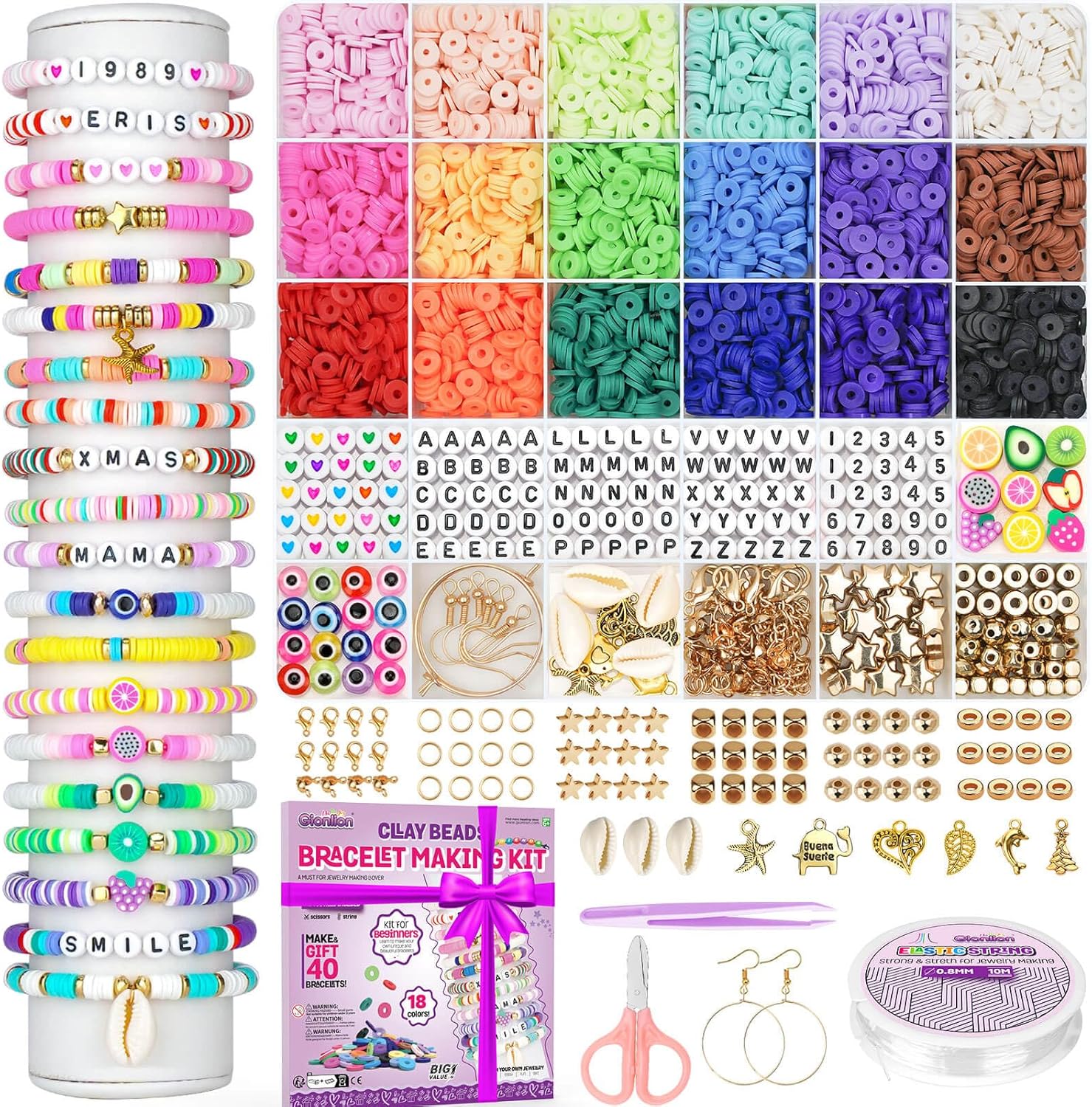 Gionlion 5200 Clay Beads Bracelet Making Kit for Beginner, Friendship Preppy Polymer Heishi Beads for Bracelets Jewelry Making kit with Charms, DIY Arts and Crafts Gifts Toys for Ages 6-13