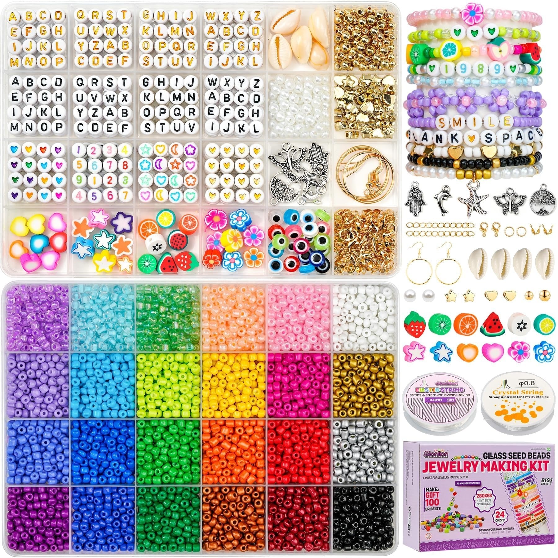 Gionlion 4mm Glass Seed Beads for Bracelets, 2 Boxes 24 Colors Bracelet Making Kit and Letter Beads for Jewelry Making, Friendship Bracelet Kit with Clay Beads for DIY Art Craft Kit Girls Gifts Toys