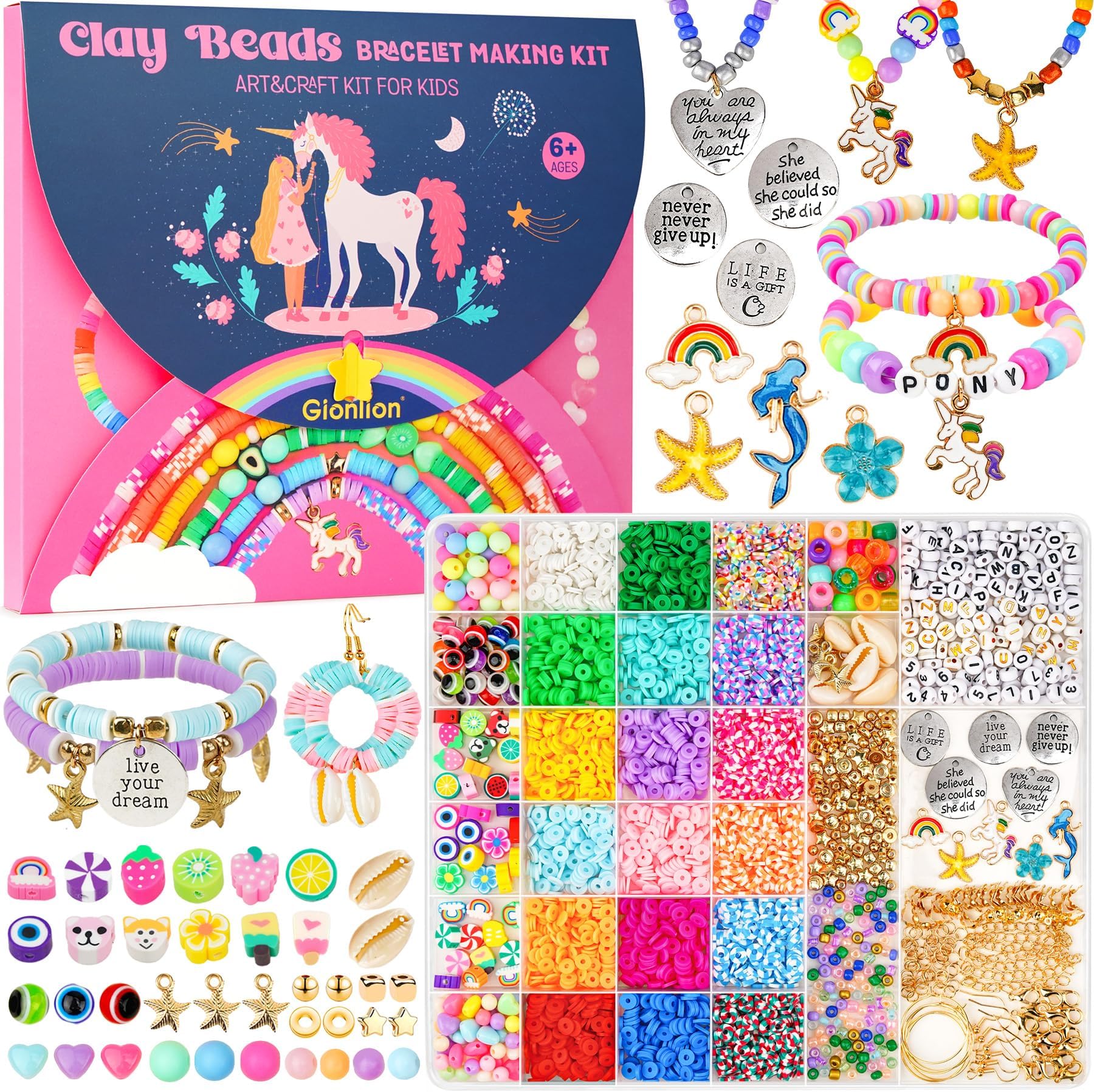 Gionlion Girls Gifts Toys Bracelet Making Kit, Arts and Crafts Charms Jewelry Supplies, Unicorn/Mermaid DIY Birthday Halloween Christmas Gifts Toys for Kids Age 6-13