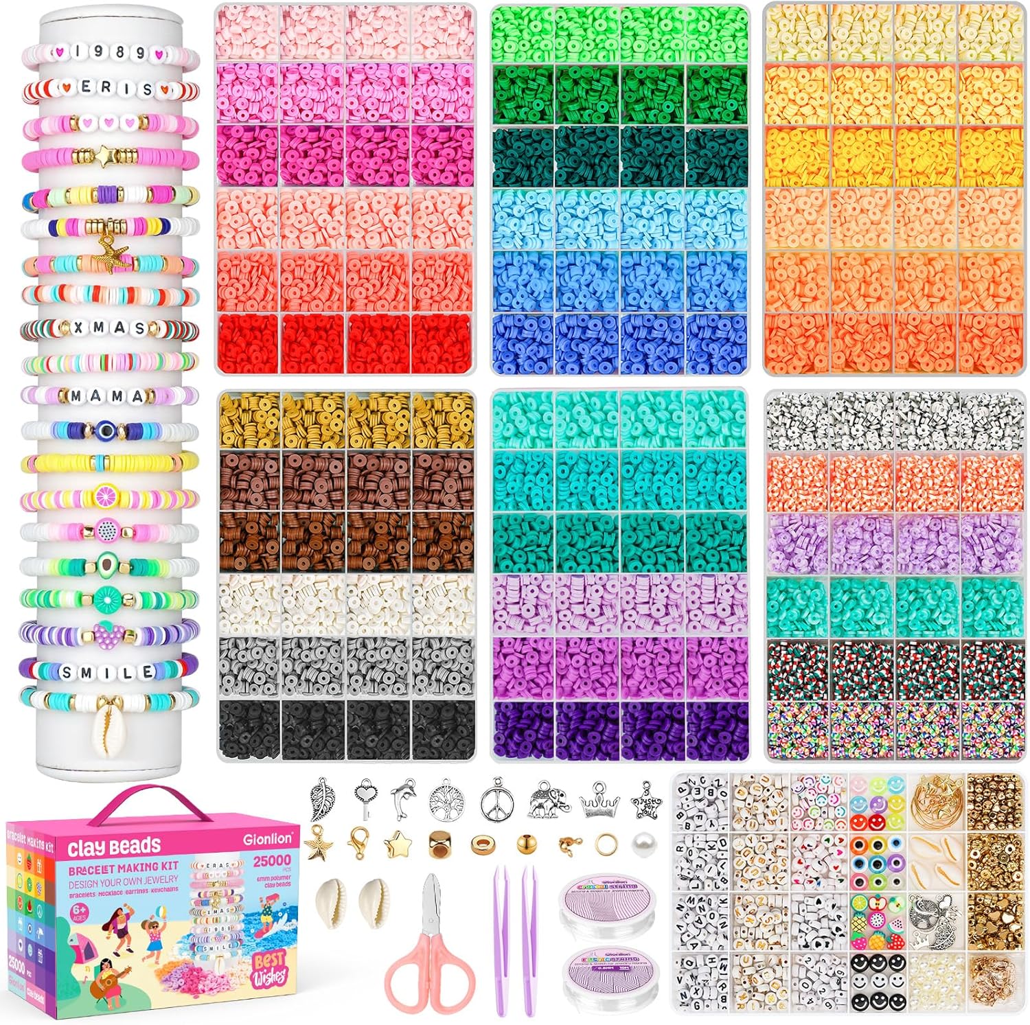 Gionlion 25000 Pcs Clay Beads Bracelet Making Kit for Gatherings, 7 Boxes Friendship Preppy Polymer Beads for Bracelets Jewelry Making kit with Charms, DIY Arts and Crafts Gifts for Ages 5-13