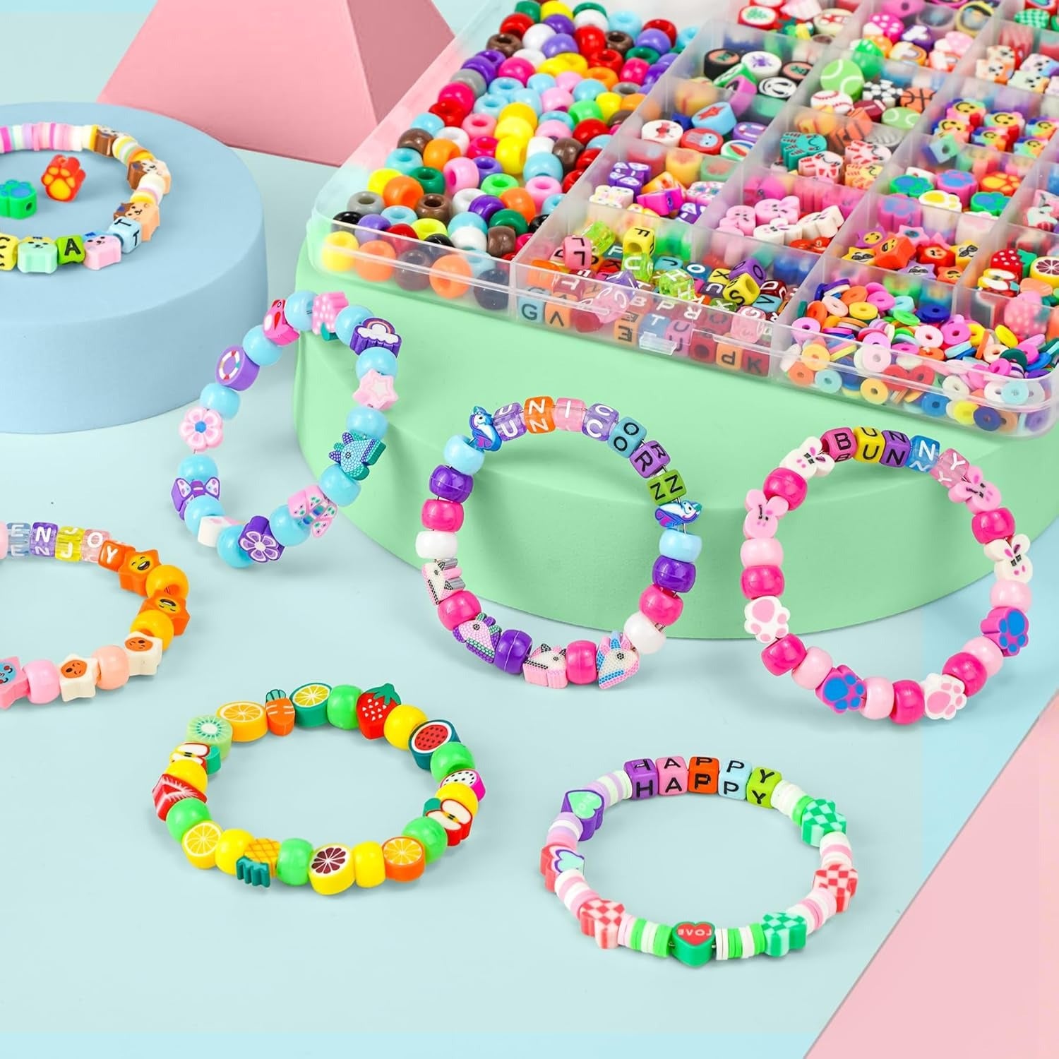 Gionlion 1200 Pcs Polymer Clay Beads Bracelet Making Kit, 25 Style Animal Fruit Flower Butterfly Bunny Pony Letter Beads Charms for Jewelry Making, DIY Art and Crafts Toys Gifts for 4+ Year Old Kids