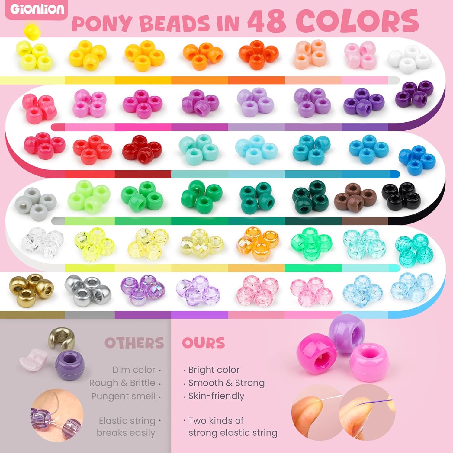 Gionlion 4200pcs Pony Beads for Bracelet Making Kit, 48 Colors Kandi Beads Friendship Bracelet Kit, 2500pcs Rainbow Bulk and 1700pcs Letter Beads with 20 Meter Elastic Strings for Craft Jewelry Making