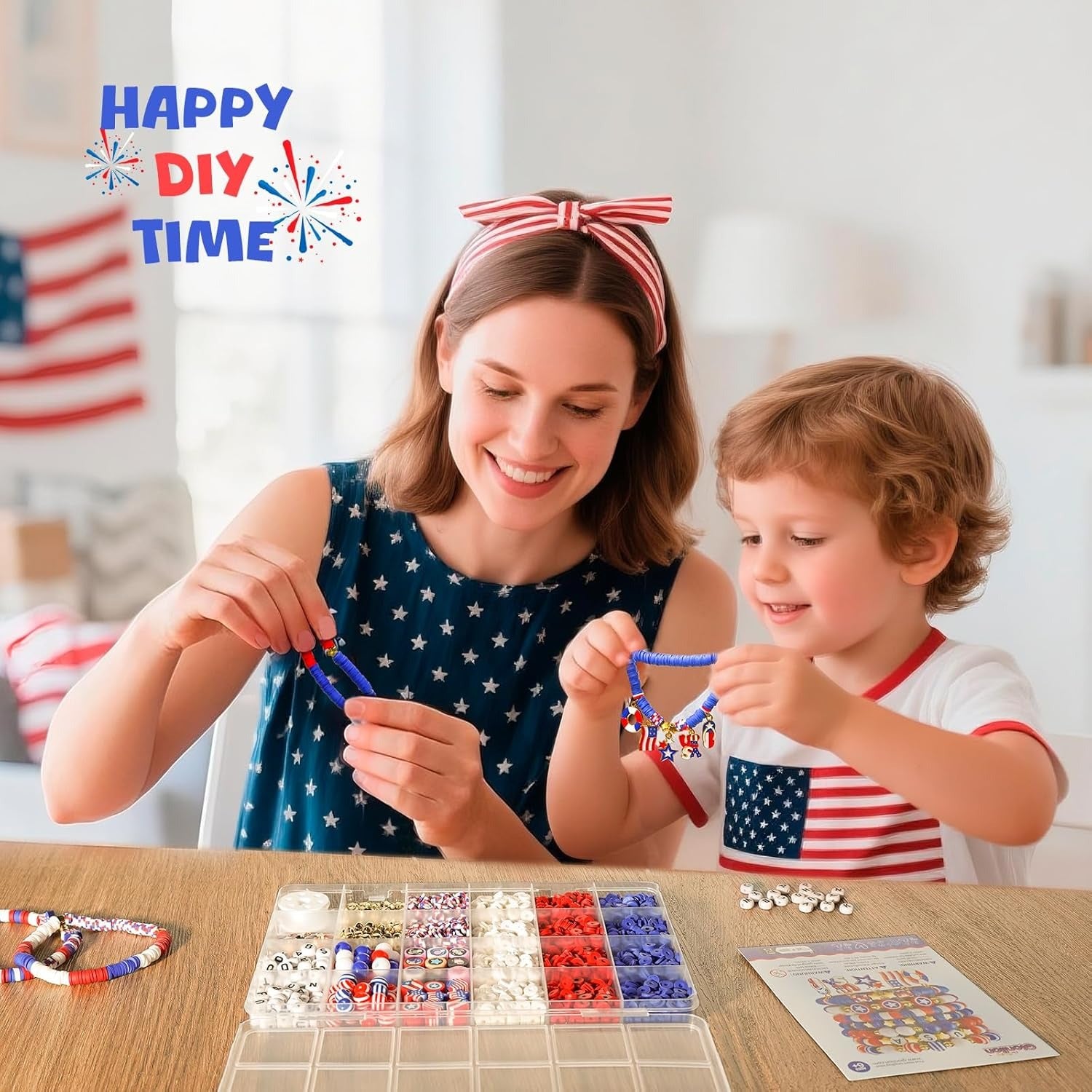 Gionlion 4th of July Decorations Bracelet Making Kit with Patriotic USA Letter Beads, Red White and Blue Clay Beads for Independence Memorial Day Party Favors, DIY Gifts with America Flag Stars