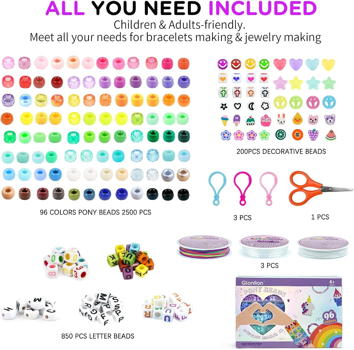 Gionlion 96 Colors 5 Boxes Bracelet Making Kit Pony Beads, Friendship Bracelet Kit with 850 Pcs Letter Beads, Rainbow Kandi Beads for Bracelets Jewelry Making Kit, Arts and Crafts Gifts for Kids