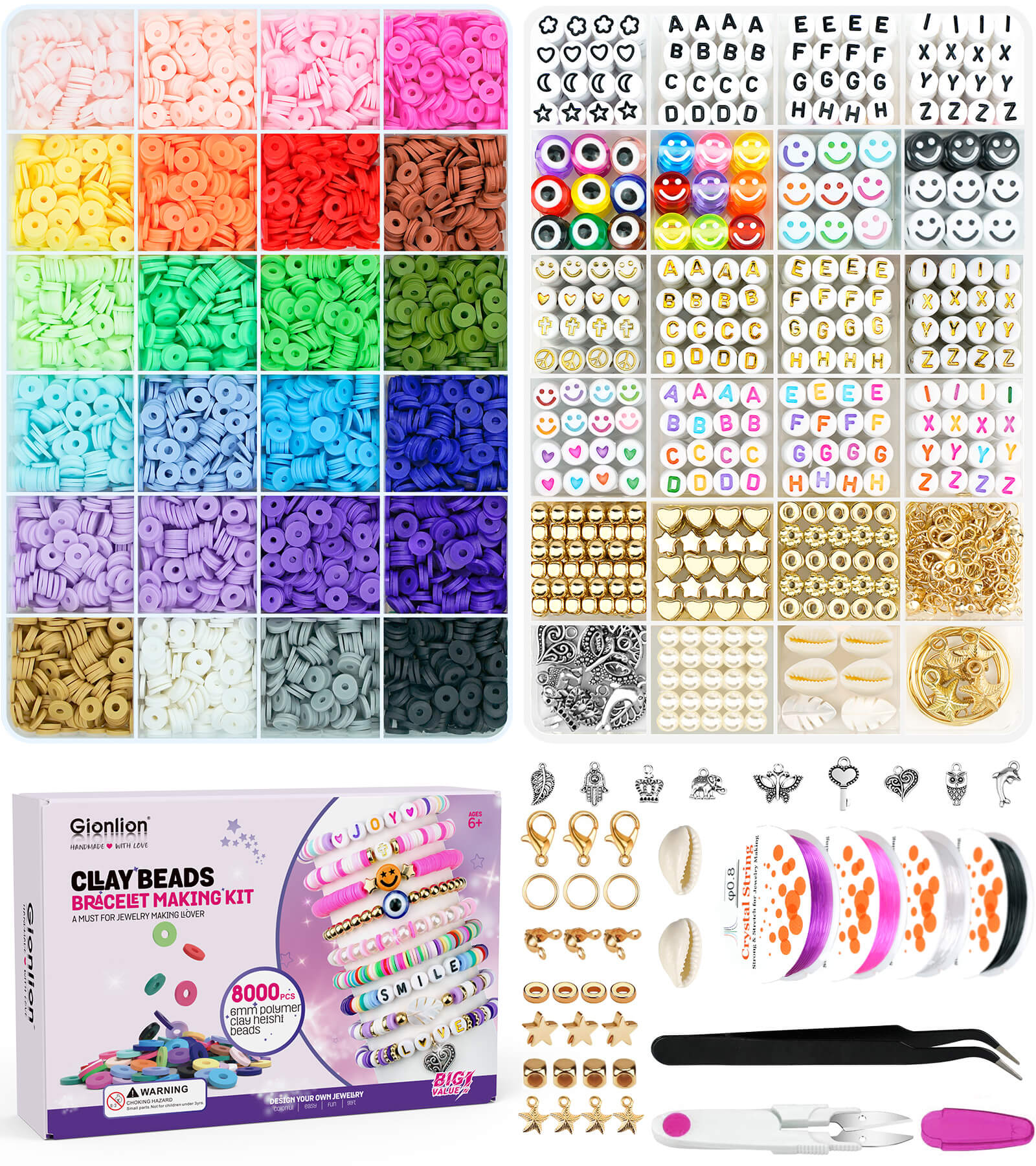 Gionlion Clay Beads Bracelet Making Kit, 8000PCS Preppy Clay Beads Letter Beads Spacer Beads and Charms Kit for Friendship Jewelry Making, Crafts Gift for Girls Ages 8-12