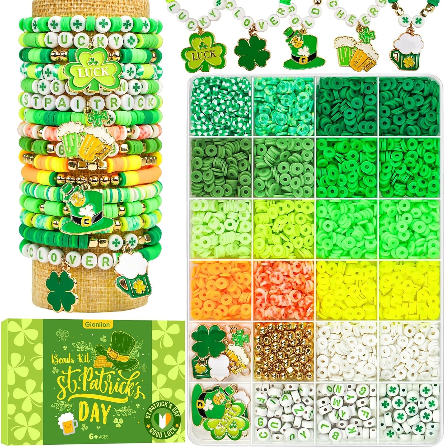 Gionlion 3000 Pcs Clay Beads for Bracelets, 16 Colors Clay Beads Bracelet Making kit with Green Beads for Jewelry Making, St Patricks Day Bracelet Kit with Letter Beads DIY Gifts for Kids Age 6-13