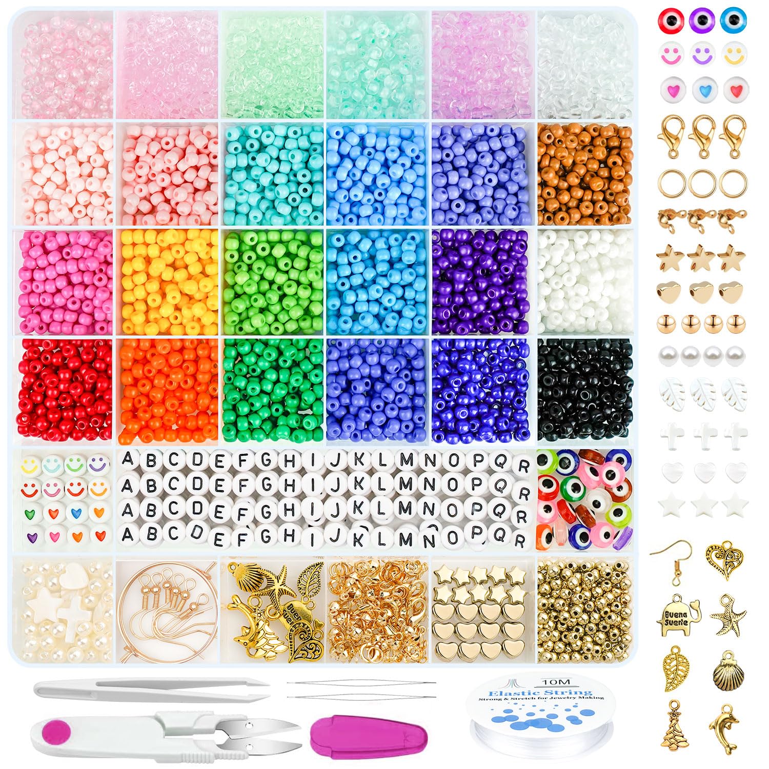 Gionlion 4000 Pcs 4mm Glass Seed Beads for Jewelry Making,24 Colors Seed Beads Friendship Preppy Bracelet Making Kit with Letter Beads Charms Kit and Elastic Strings