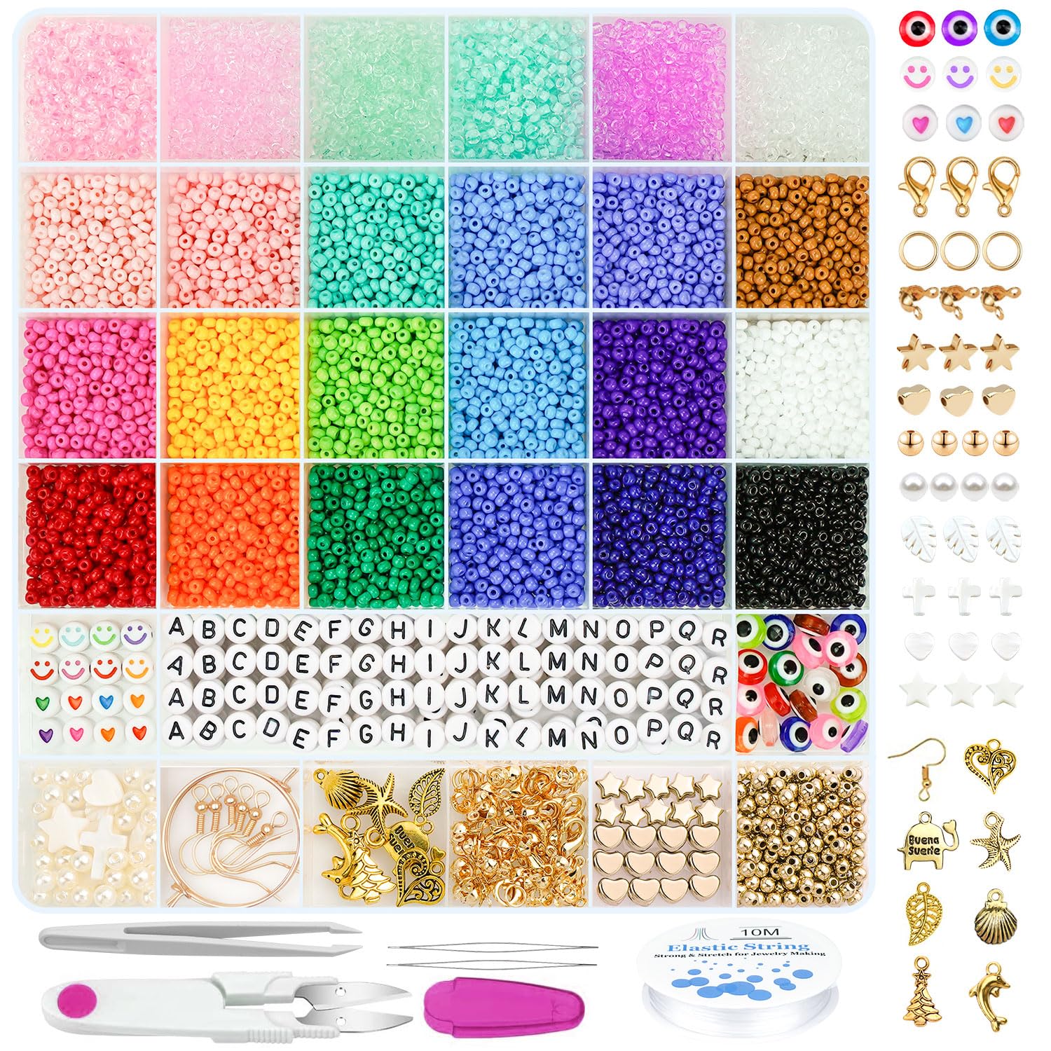 Gionlion 9000 Pcs 3mm Glass Seed Beads for Jewelry Making,24 Colors Seed Beads Friendship Preppy Bracelet Making Kit with Letter Beads Charms Kit and Elastic Strings