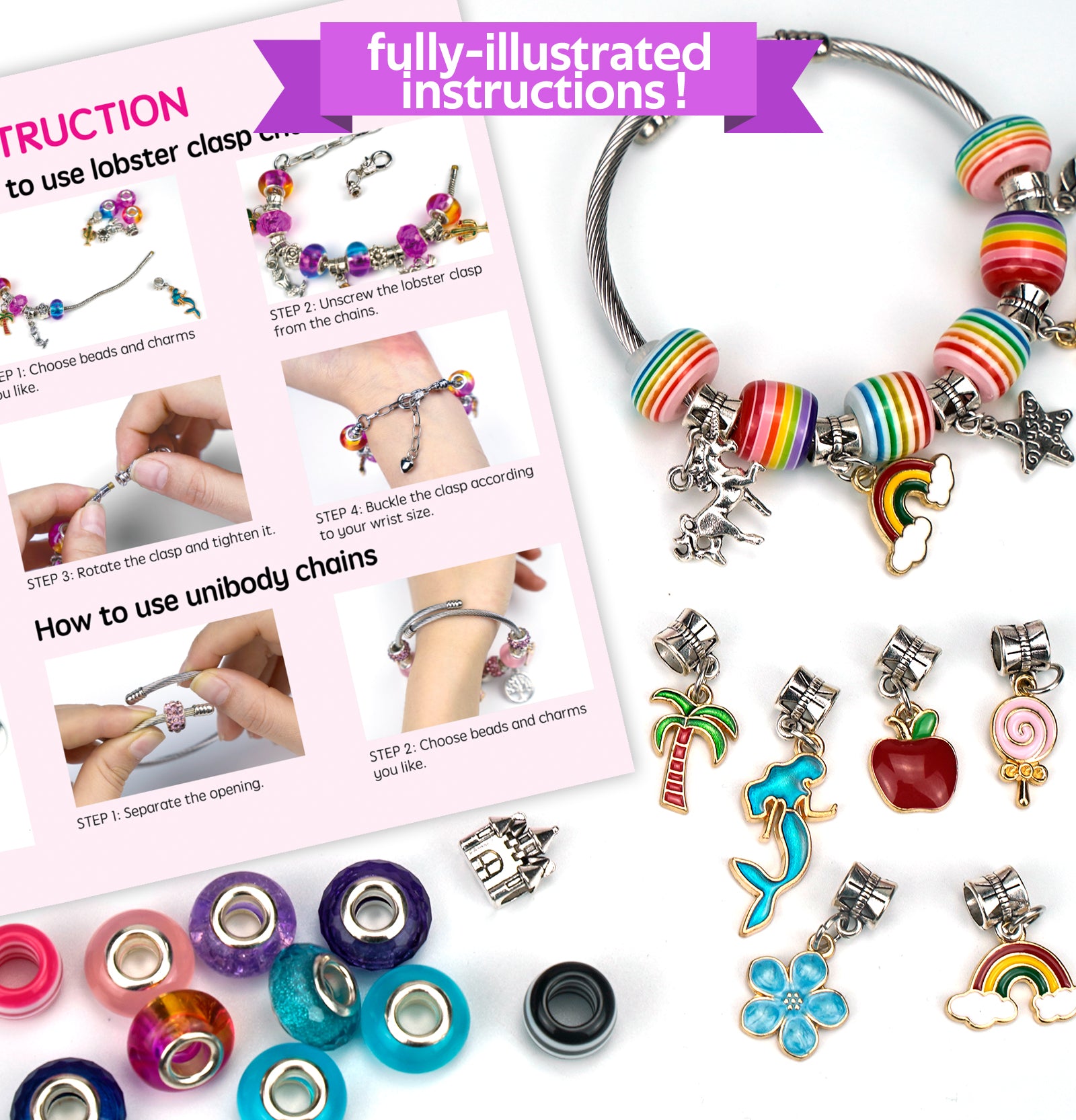 Charm Bracelet Making Kit Jewelry Supplies Beads Crafts Set Girls Age 8-12  Gifts